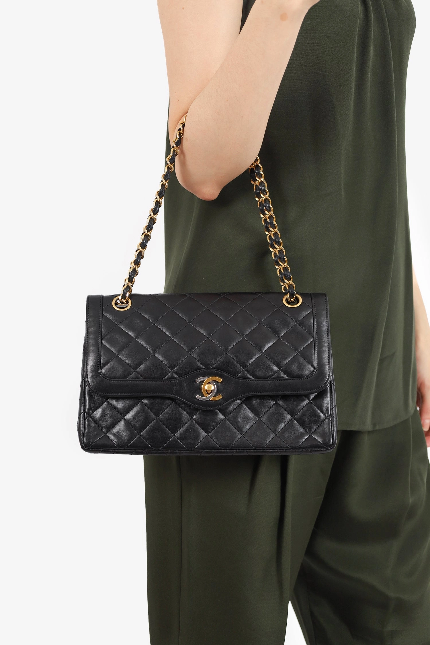 Pre-Loved Chanel Vintage Black Lambskin Two-Tone CC Paris Double Flap Bag