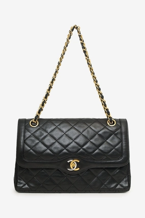Pre-Loved Chanel Vintage Black Lambskin Two-Tone CC Paris Double Flap Bag