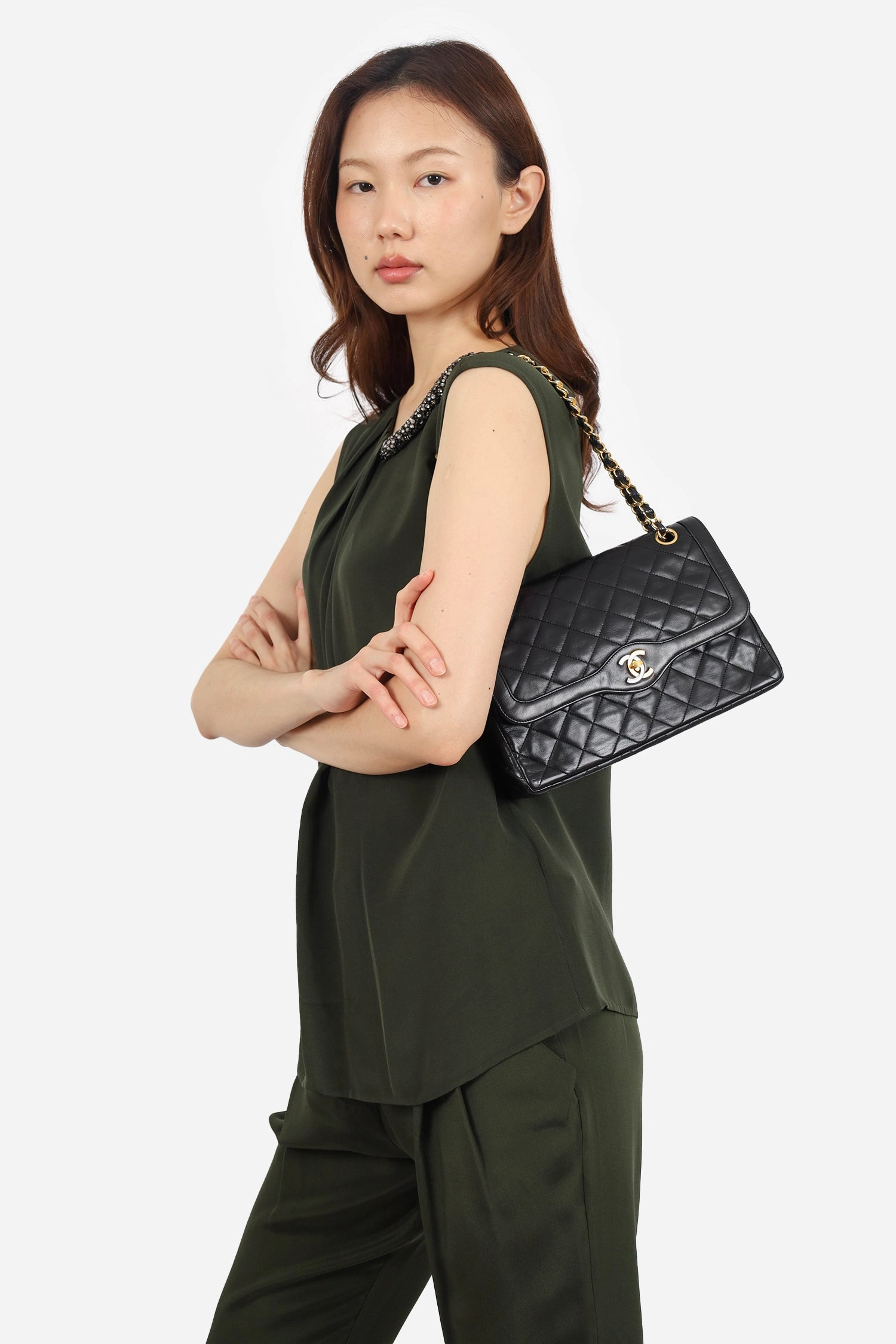 Pre-Loved Chanel Vintage Black Lambskin Two-Tone CC Paris Double Flap Bag