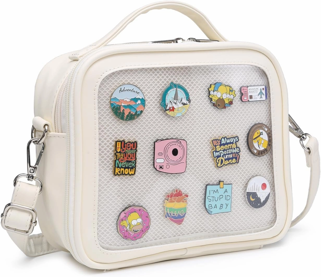 RAINBOW SMILE Ita Bag - Kawaii Crossbody Purse with Clear Shoulder Strap and Pin Display