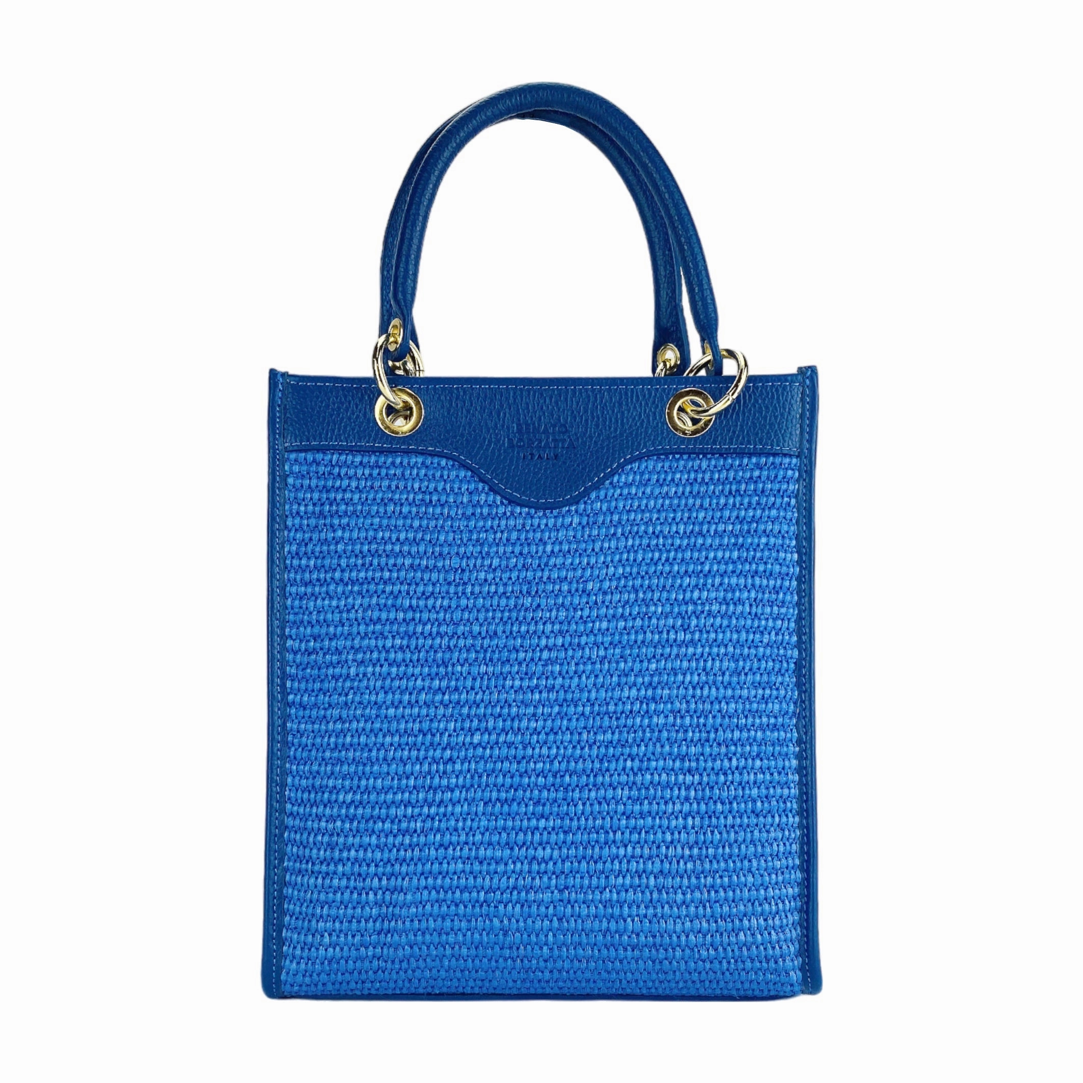 Renato Borzatta Vertical leather and straw shoulder bag royal blue