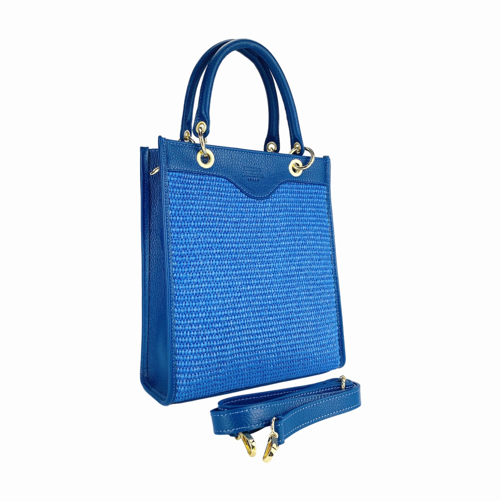 Renato Borzatta Vertical leather and straw shoulder bag royal blue