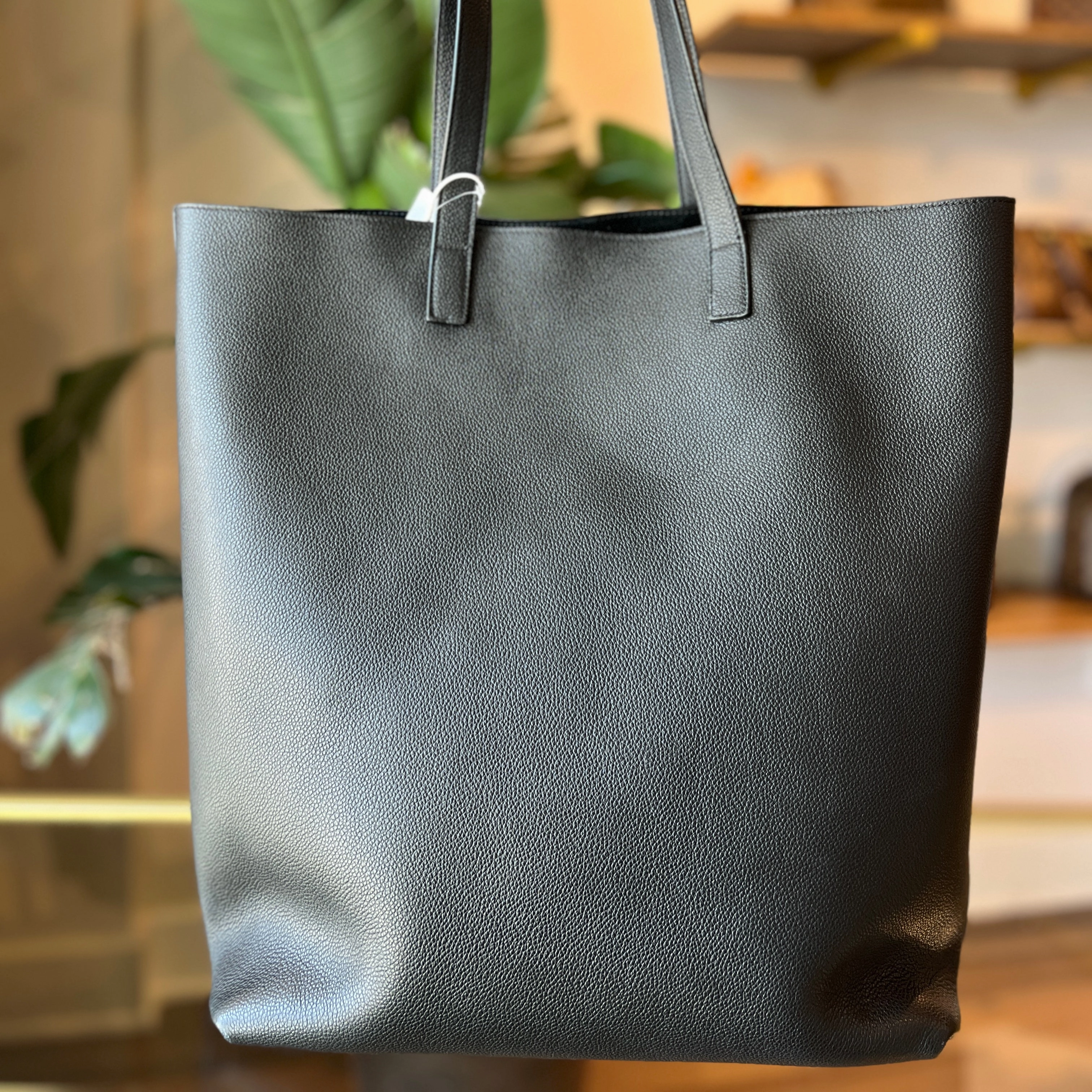 SAINT LAURENT Black Grained Leather N/S Shopping Tote