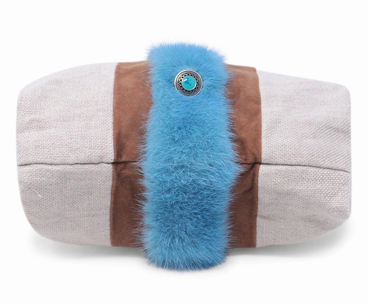 Simonetta Ravizza Beige Canvas & Blue Fur Tote