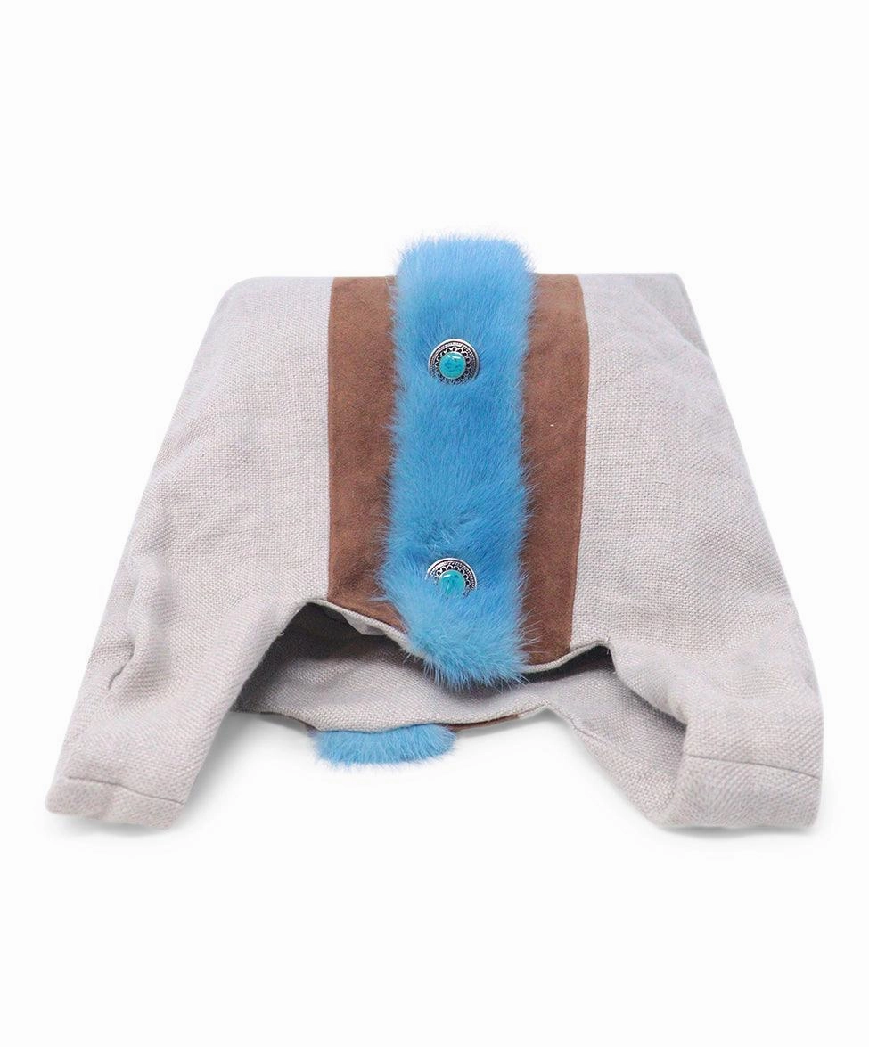 Simonetta Ravizza Beige Canvas & Blue Fur Tote