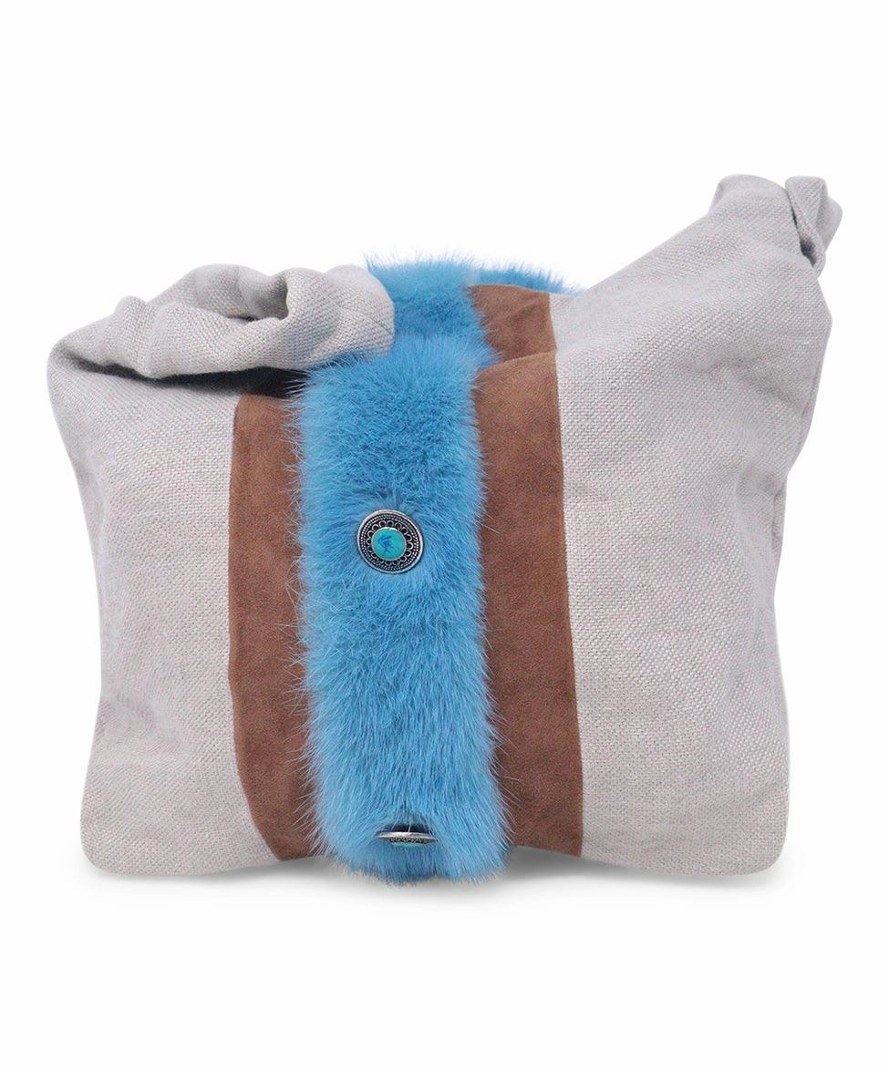 Simonetta Ravizza Beige Canvas & Blue Fur Tote