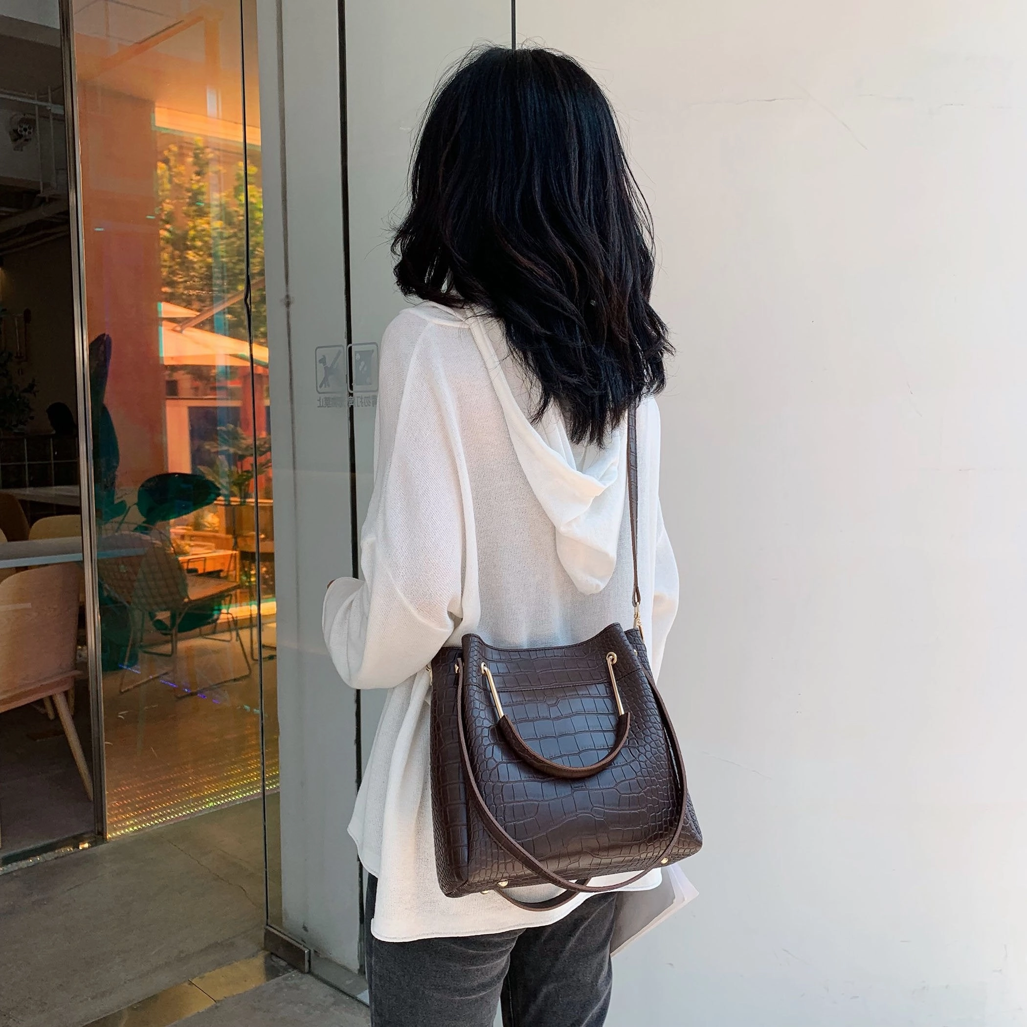 Stone Pattern Leather Bucket Bag