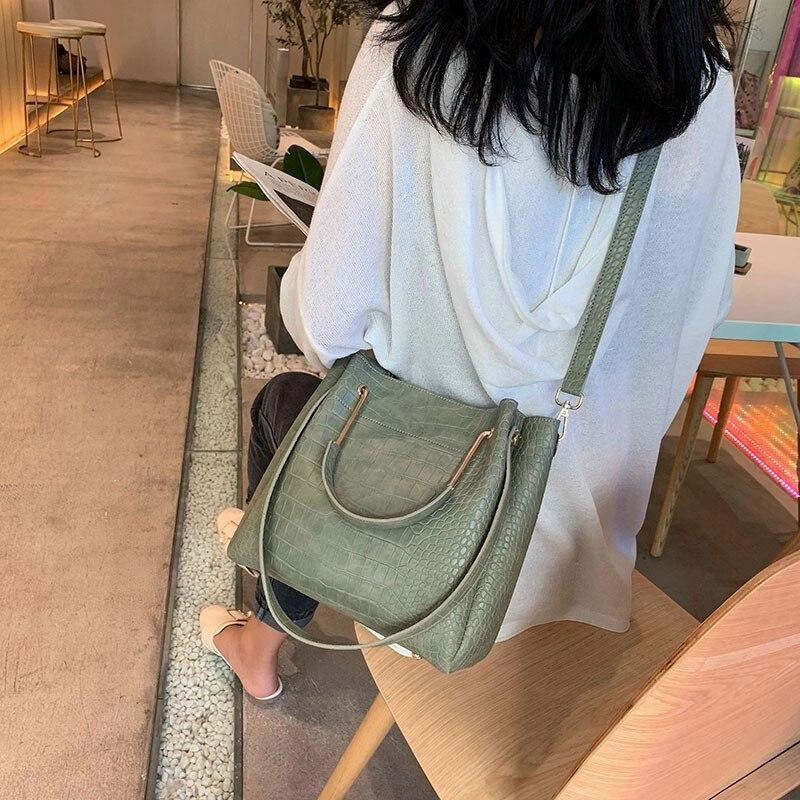 Stone Pattern Leather Bucket Bag
