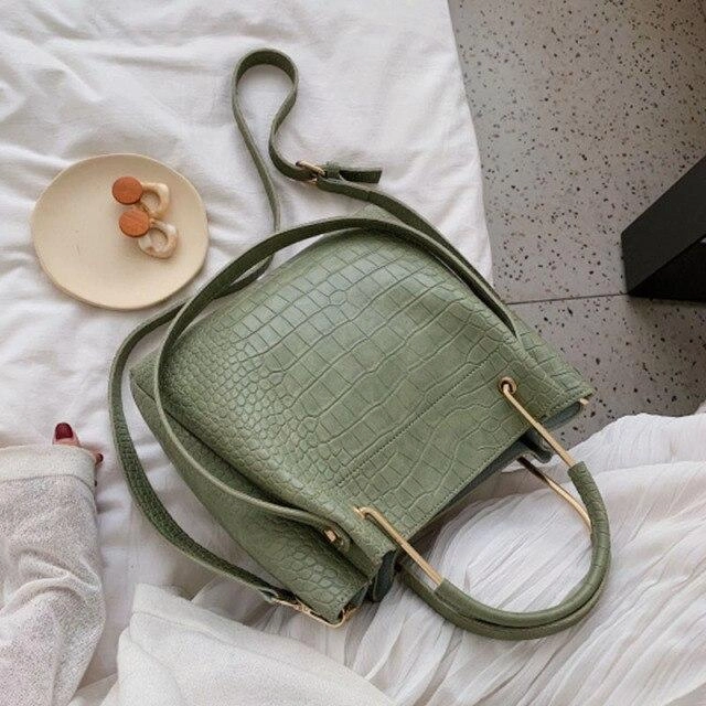 Stone Pattern Leather Bucket Bag