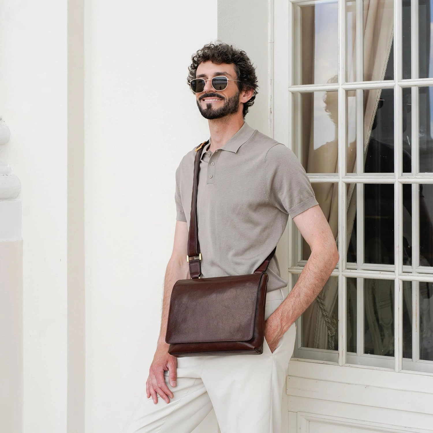 Time Resistance Leather Messenger Bag for Men - Crossbody Bag - Full Grain Leather - Tablet Sized Shoulder Bag