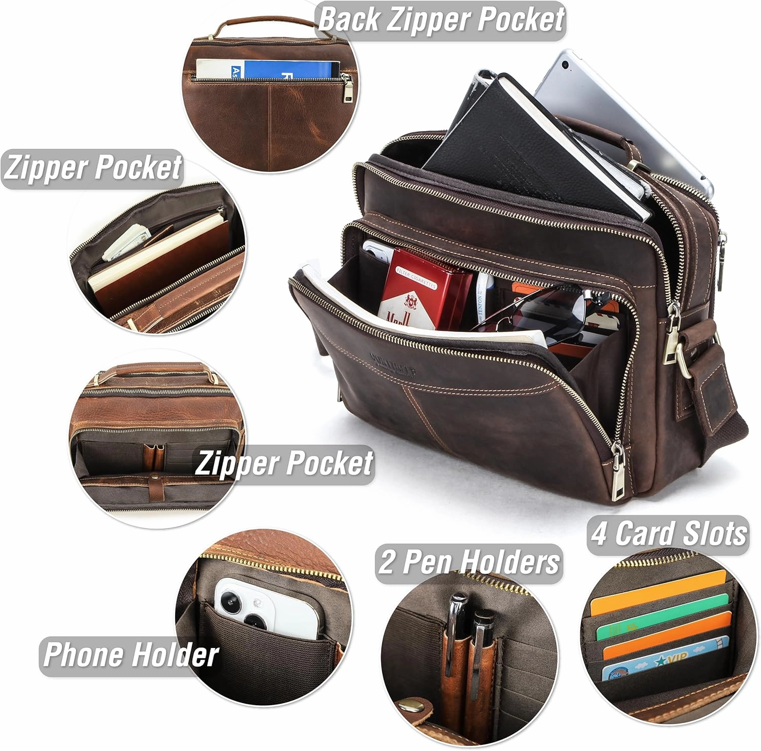 Top Grain Leather 11" Messenger Bag for Man & Woman, Multi Pockets, Fits to 8.3"/10.9" iPad for Daily/School/Business/Travel