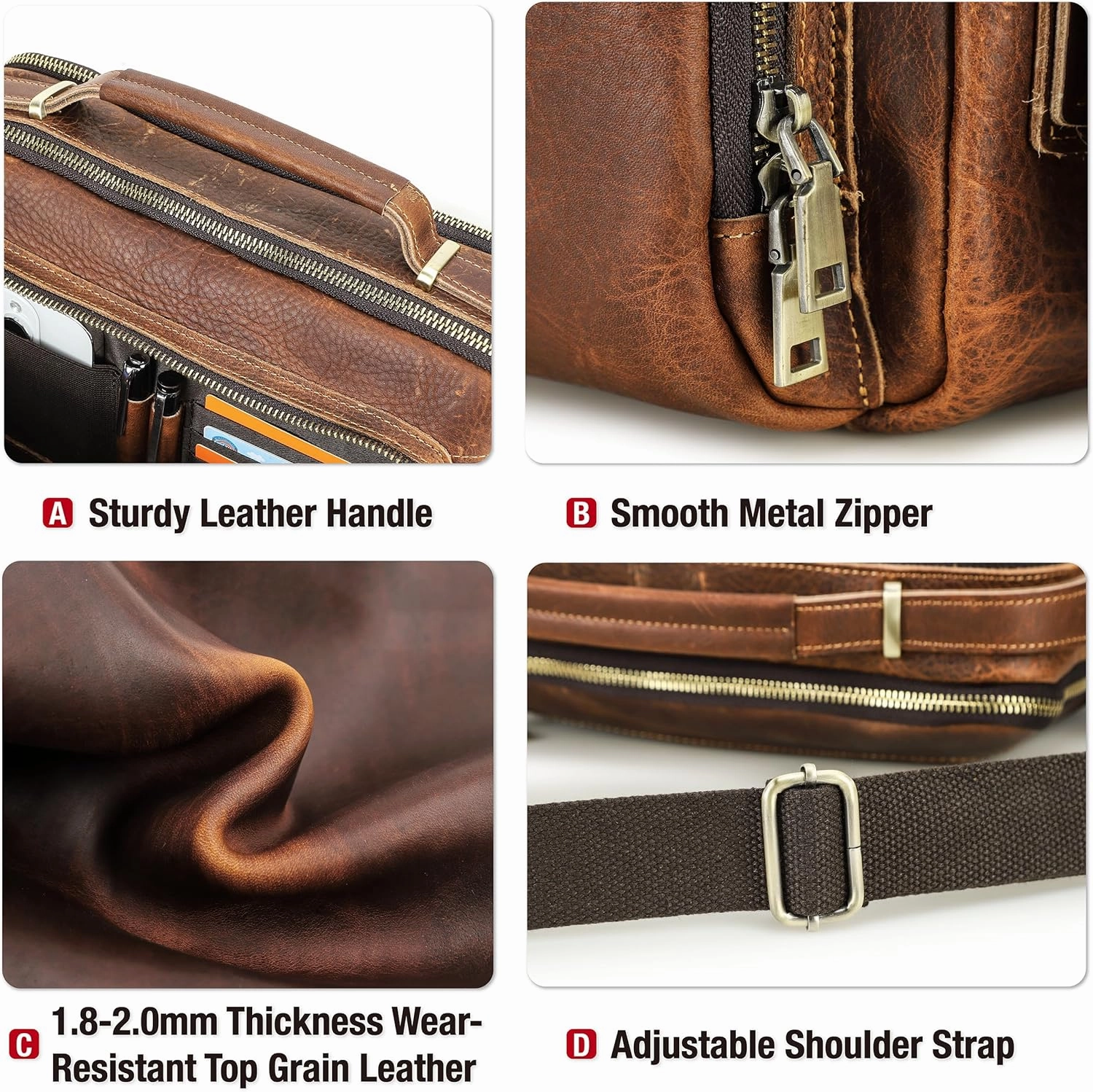 Top Grain Leather 11" Messenger Bag for Man & Woman, Multi Pockets, Fits to 8.3"/10.9" iPad for Daily/School/Business/Travel