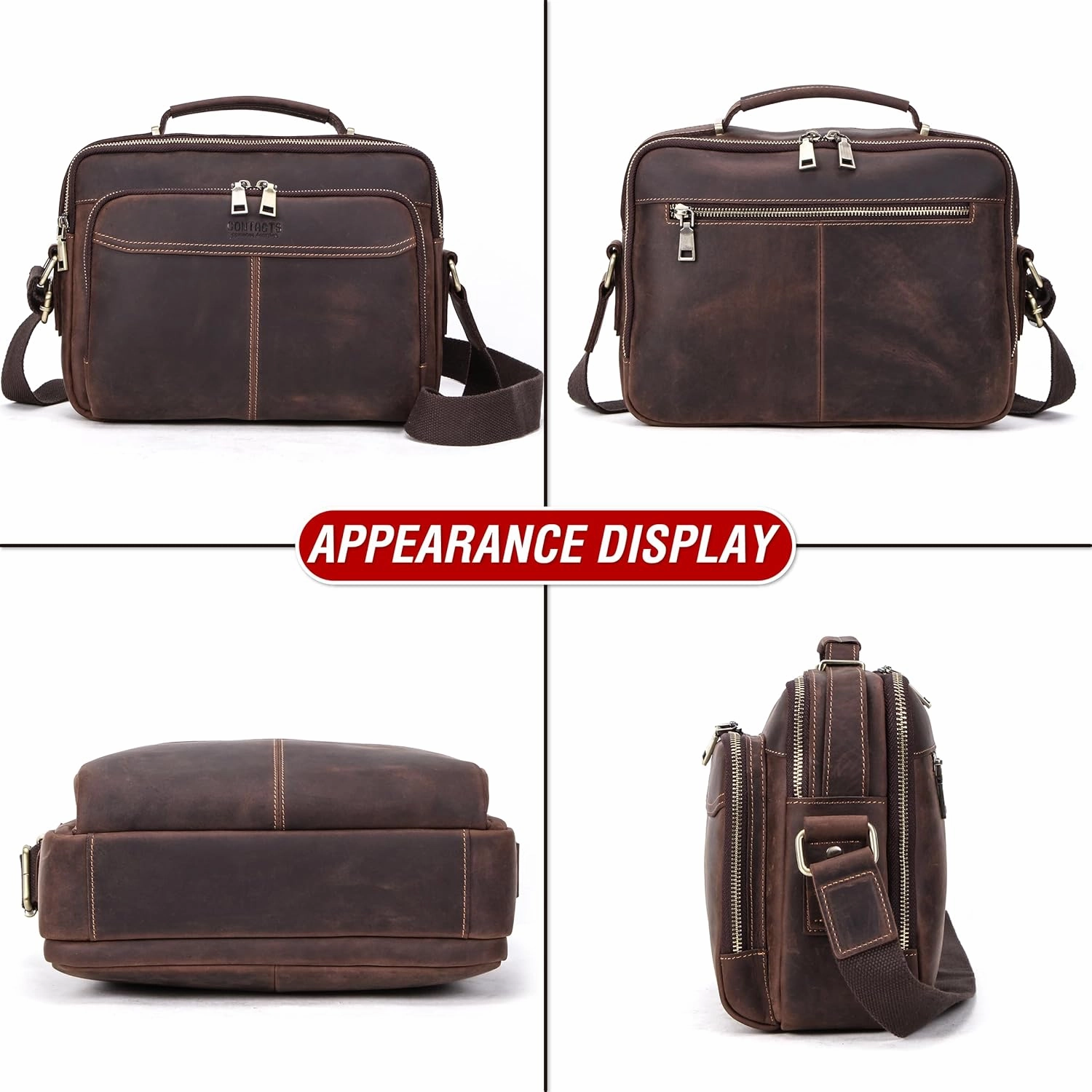 Top Grain Leather 11" Messenger Bag for Man & Woman, Multi Pockets, Fits to 8.3"/10.9" iPad for Daily/School/Business/Travel