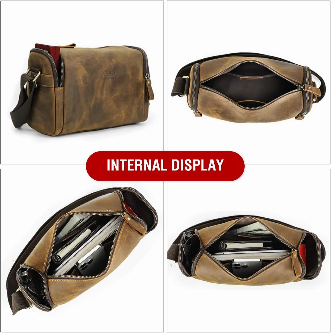 Top Grain Leather 11" Messenger Bag for Man & Woman, Multi Pockets, Fits to 8.3"/10.9" iPad for Daily/School/Business/Travel