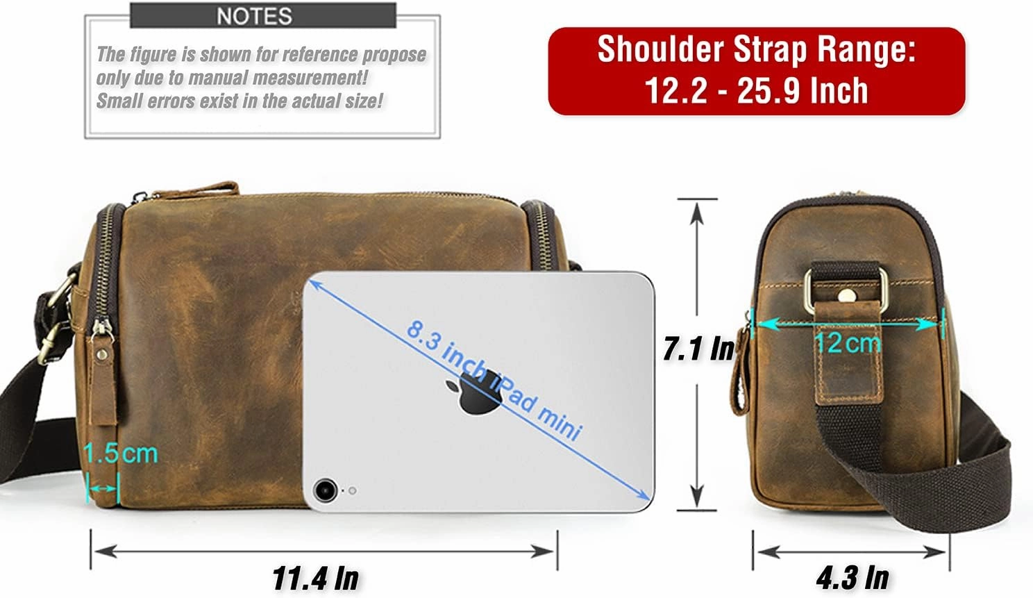 Top Grain Leather 11" Messenger Bag for Man & Woman, Multi Pockets, Fits to 8.3"/10.9" iPad for Daily/School/Business/Travel
