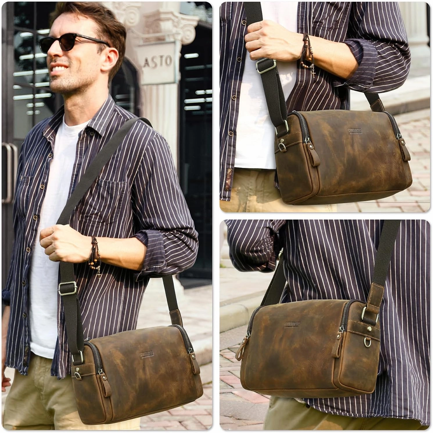 Top Grain Leather 11" Messenger Bag for Man & Woman, Multi Pockets, Fits to 8.3"/10.9" iPad for Daily/School/Business/Travel