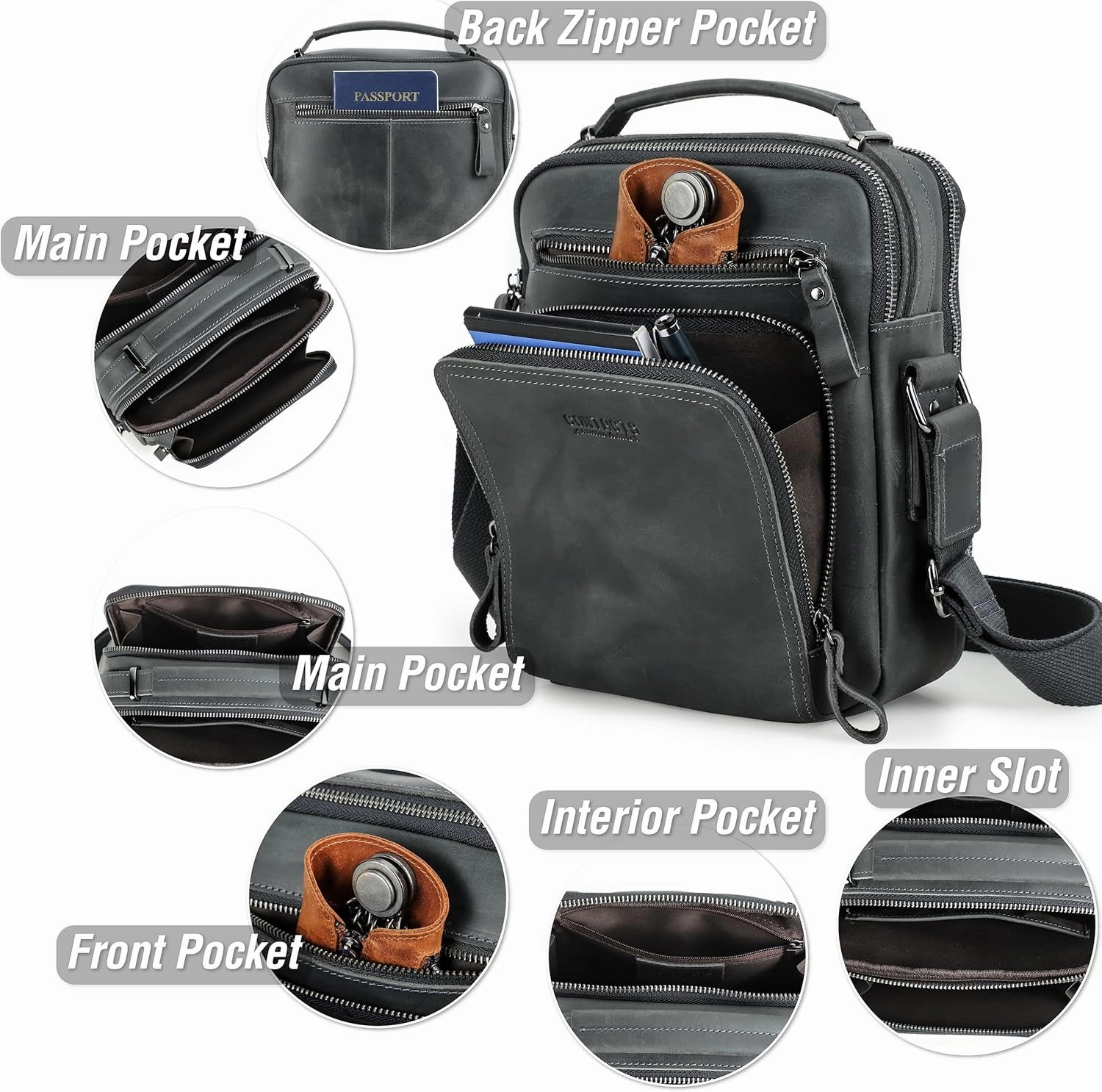 Top Grain Leather 11" Messenger Bag for Man & Woman, Multi Pockets, Fits to 8.3"/10.9" iPad for Daily/School/Business/Travel
