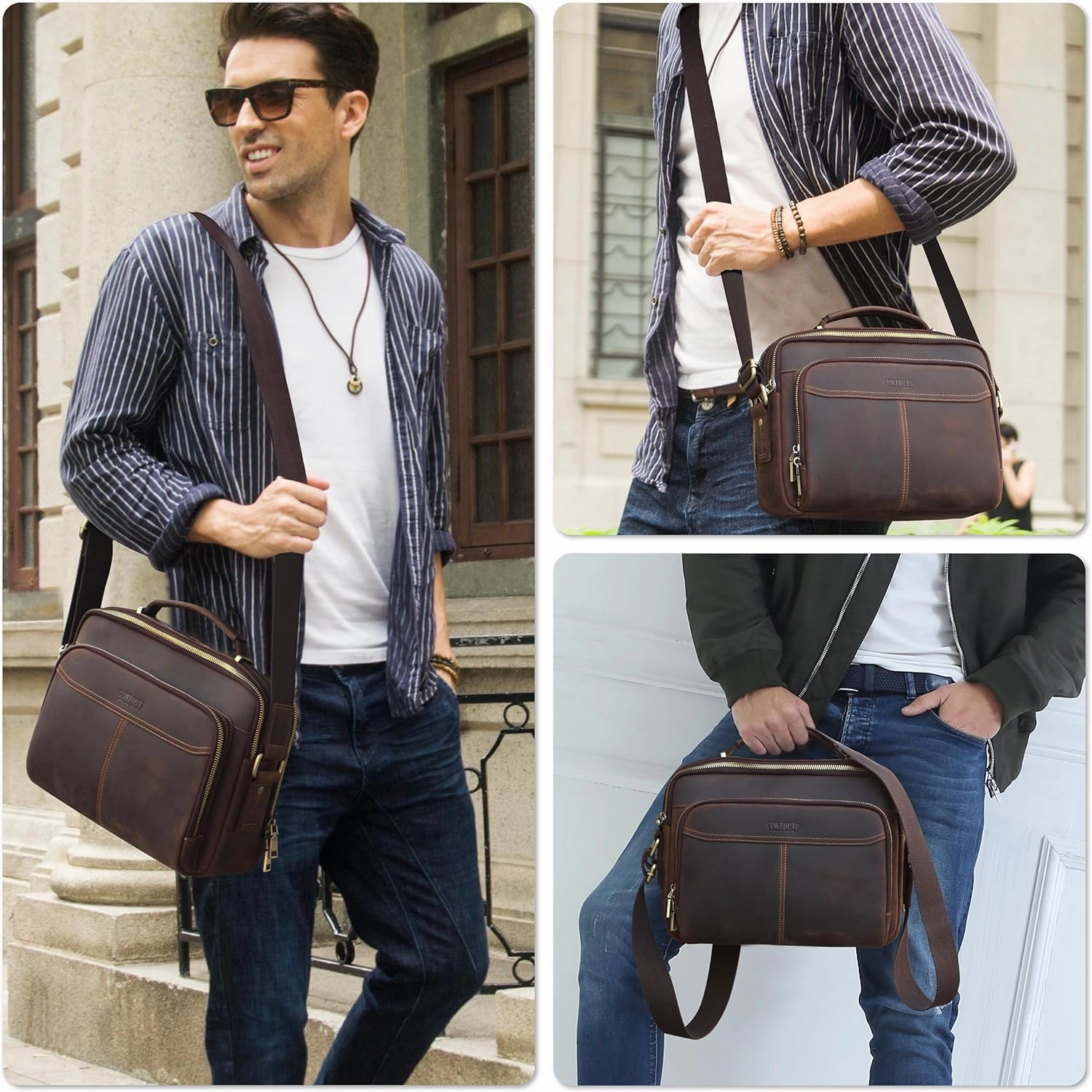 Top Grain Leather 11" Messenger Bag for Man & Woman, Multi Pockets, Fits to 8.3"/10.9" iPad for Daily/School/Business/Travel
