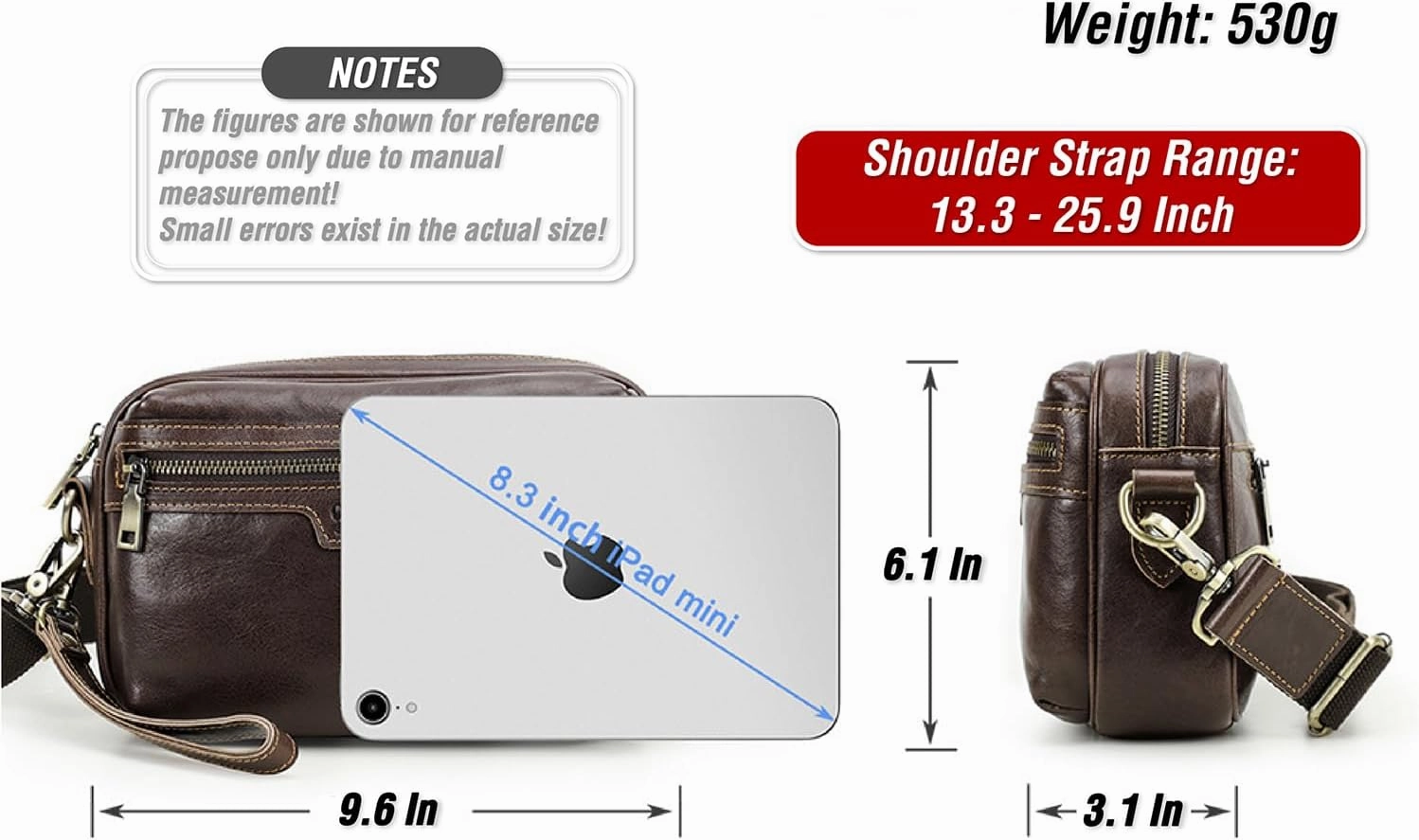Top Grain Leather 8.3" Messenger Bag for Man & Woman, Multi Pockets, Fits to 7.9"/8.3" iPad for Daily/School/Business/Travel
