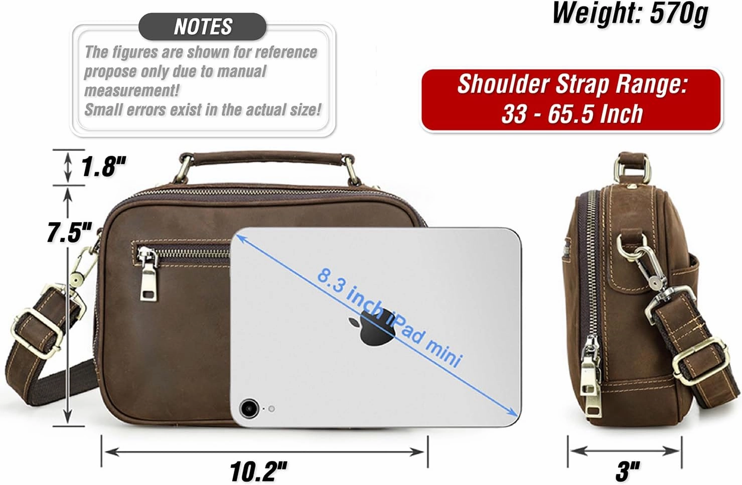 Top Grain Leather 8.3" Messenger Bag for Man & Woman, Multi Pockets, Fits to 7.9"/8.3" iPad for Daily/School/Business/Travel