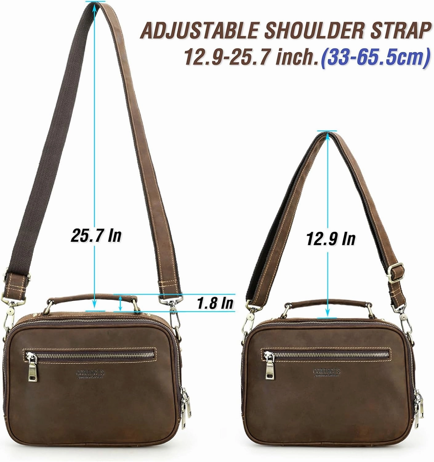 Top Grain Leather 8.3" Messenger Bag for Man & Woman, Multi Pockets, Fits to 7.9"/8.3" iPad for Daily/School/Business/Travel