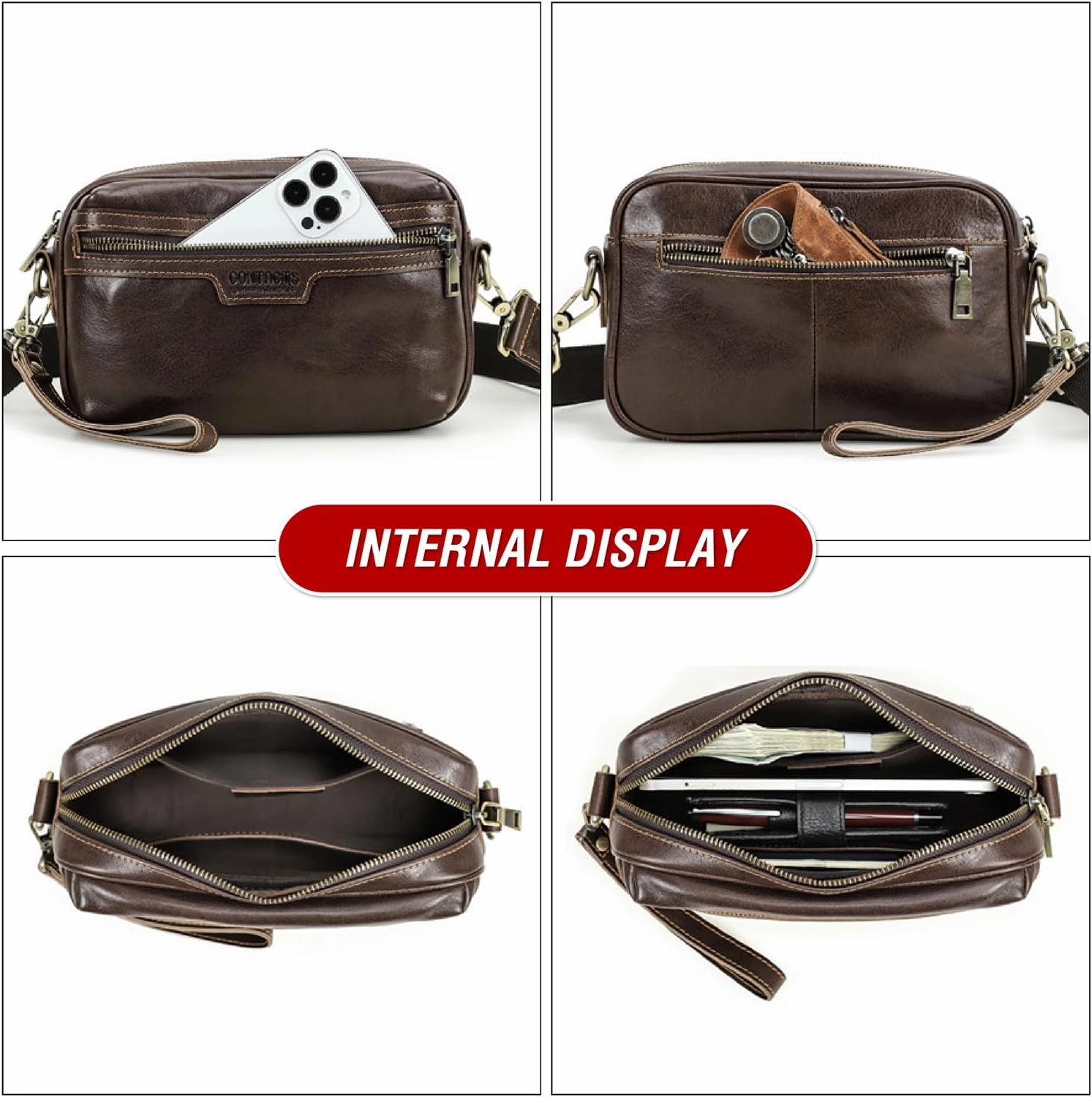 Top Grain Leather 8.3" Messenger Bag for Man & Woman, Multi Pockets, Fits to 7.9"/8.3" iPad for Daily/School/Business/Travel