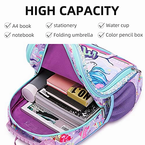 Unicorn Backpack for Girls, Kid 16 Inch Water Resistant Preschool Primary Kindergarten Elementary School Bookbag With Water Bottle Pocket and Chest Strap Large Capacity - Purple