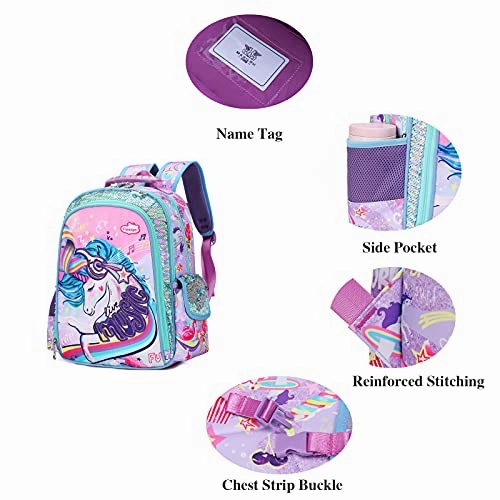 Unicorn Backpack for Girls, Kid 16 Inch Water Resistant Preschool Primary Kindergarten Elementary School Bookbag With Water Bottle Pocket and Chest Strap Large Capacity - Purple