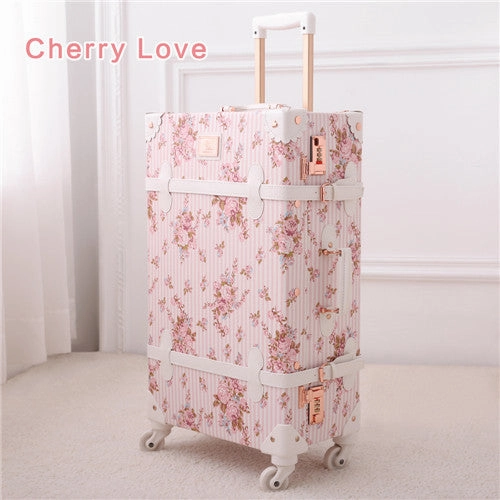 Uniwalker 13" 20" 22" 24" 26" 2Pcs/Set Women Retro Floral Trolley Luggage Suitcase, Girl Pink