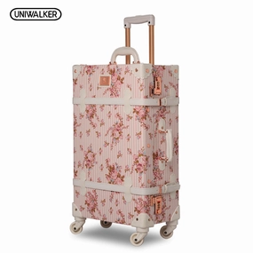 Uniwalker 13" 20" 22" 24" 26" 2Pcs/Set Women Retro Floral Trolley Luggage Suitcase, Girl Pink