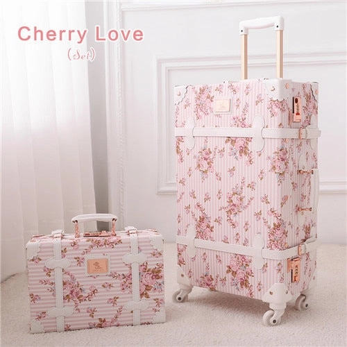Uniwalker 13" 20" 22" 24" 26" 2Pcs/Set Women Retro Floral Trolley Luggage Suitcase, Girl Pink