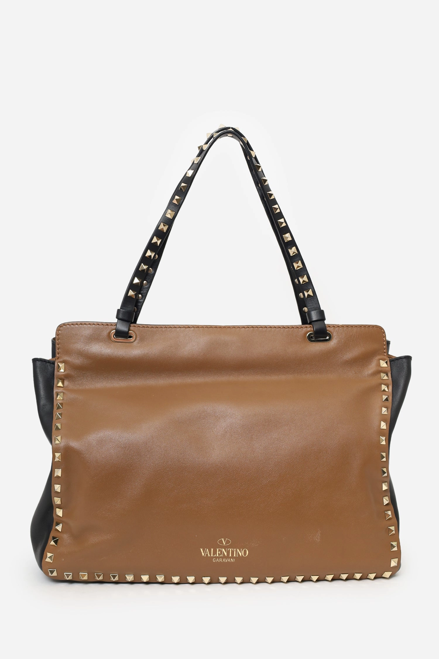 Valentino Black/Brown Leather Rockstud Tote with Strap