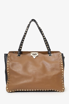 Valentino Black/Brown Leather Rockstud Tote with Strap