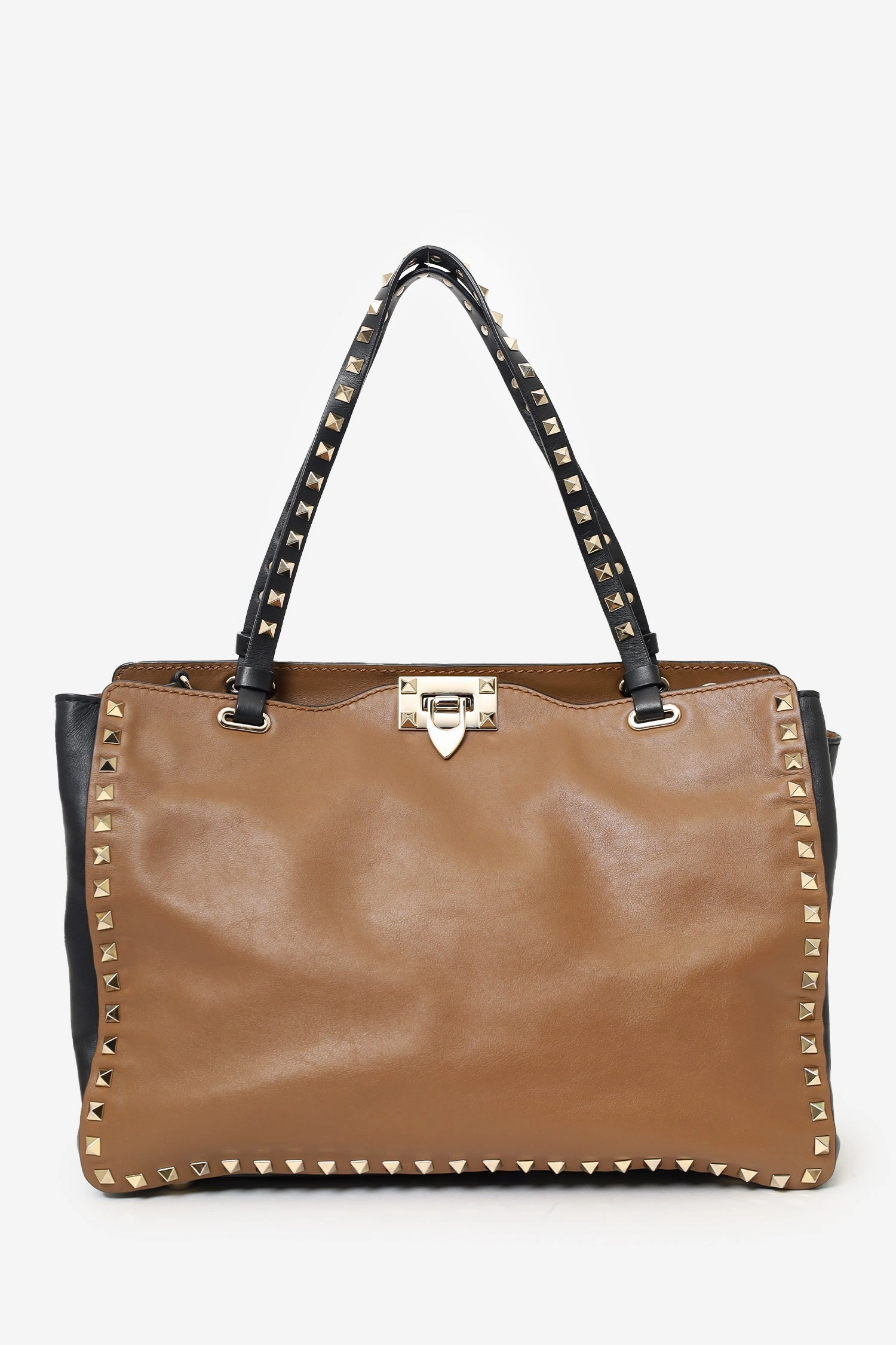 Valentino Black/Brown Leather Rockstud Tote with Strap