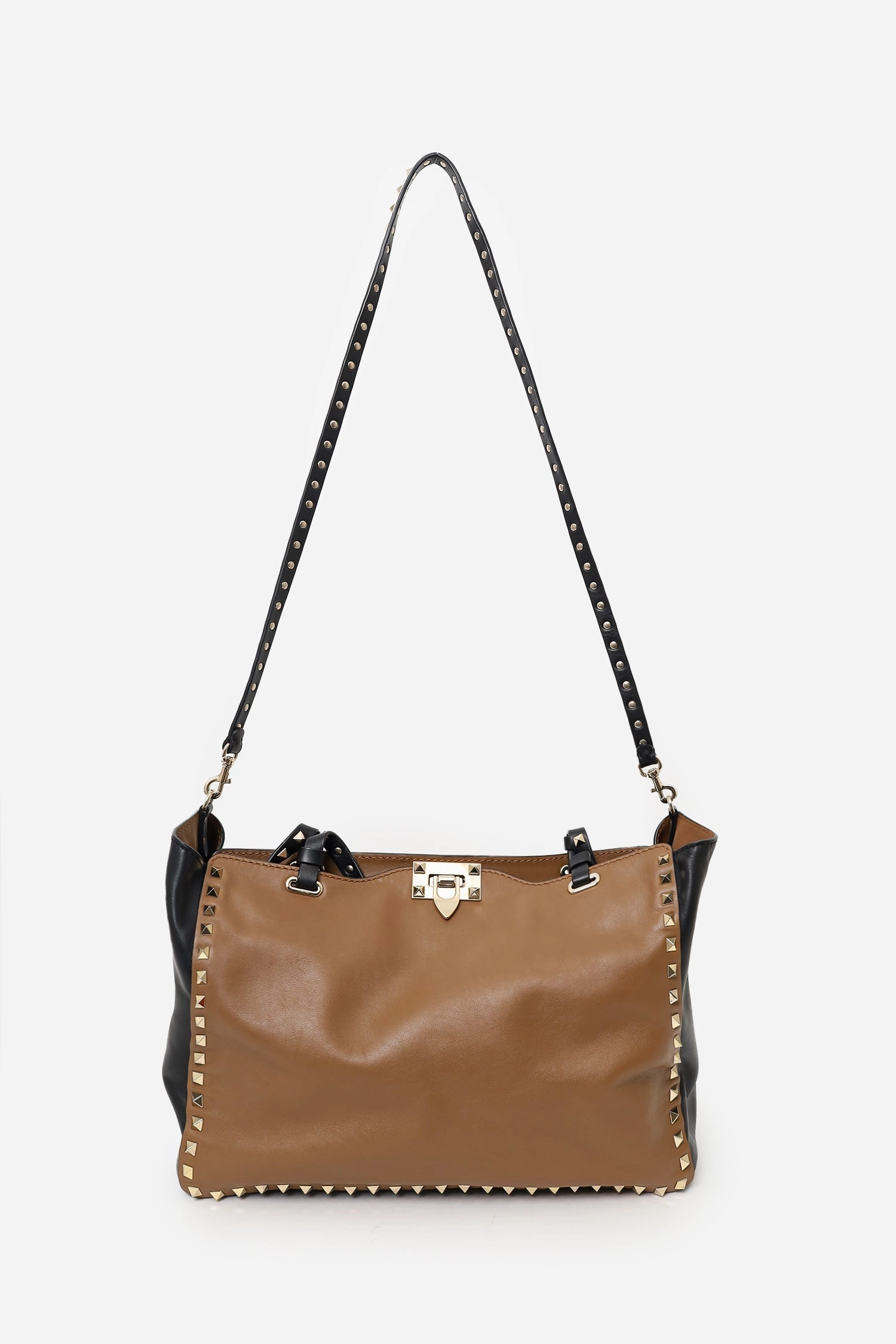 Valentino Black/Brown Leather Rockstud Tote with Strap