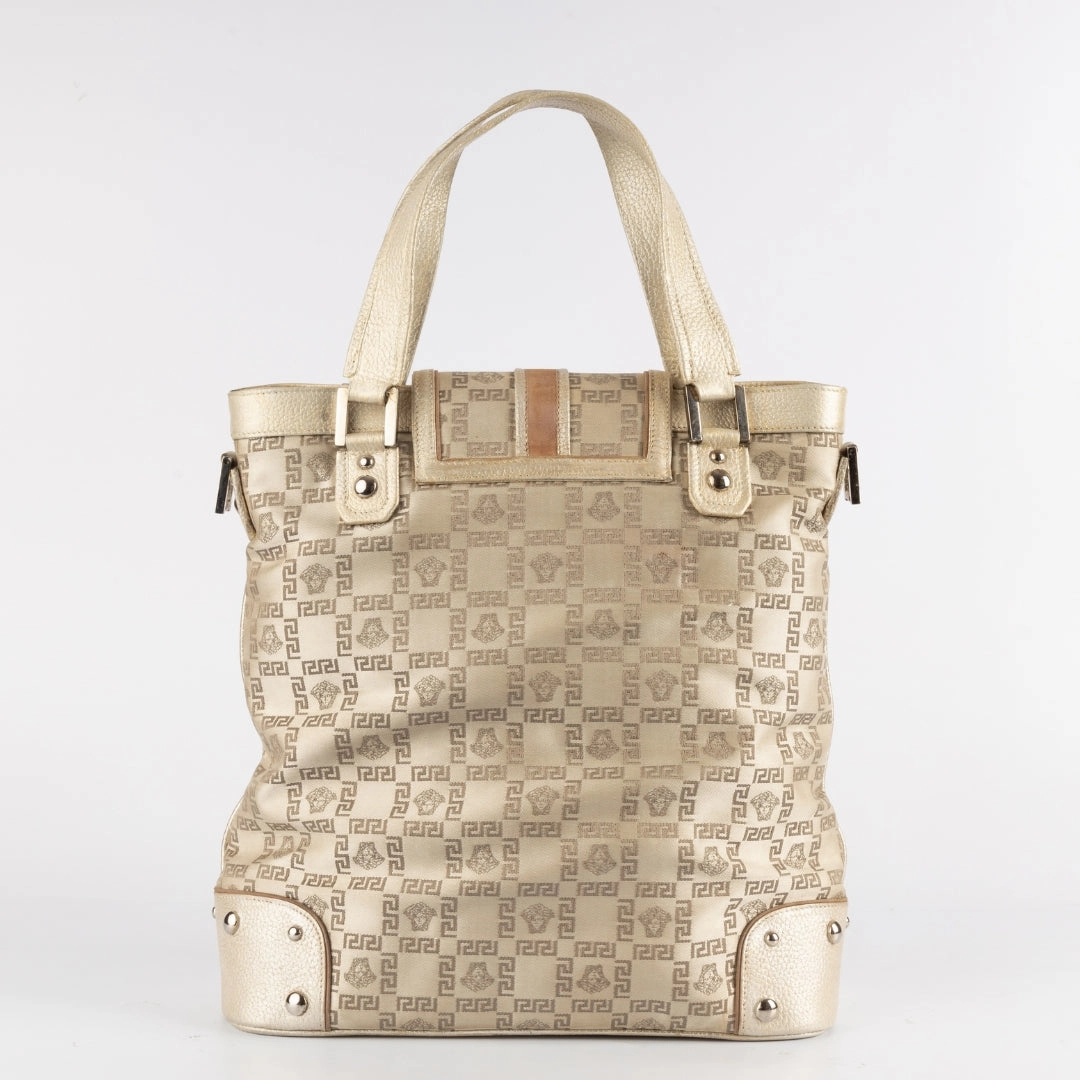 Versace Beige Metallic Signature Fabric and Leather Tote Bag