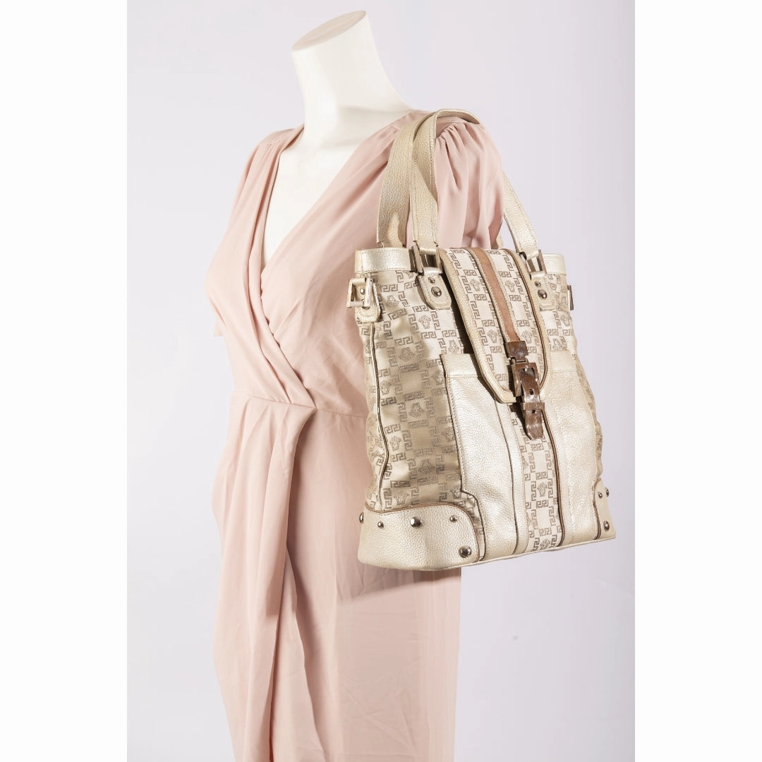 Versace Beige Metallic Signature Fabric and Leather Tote Bag