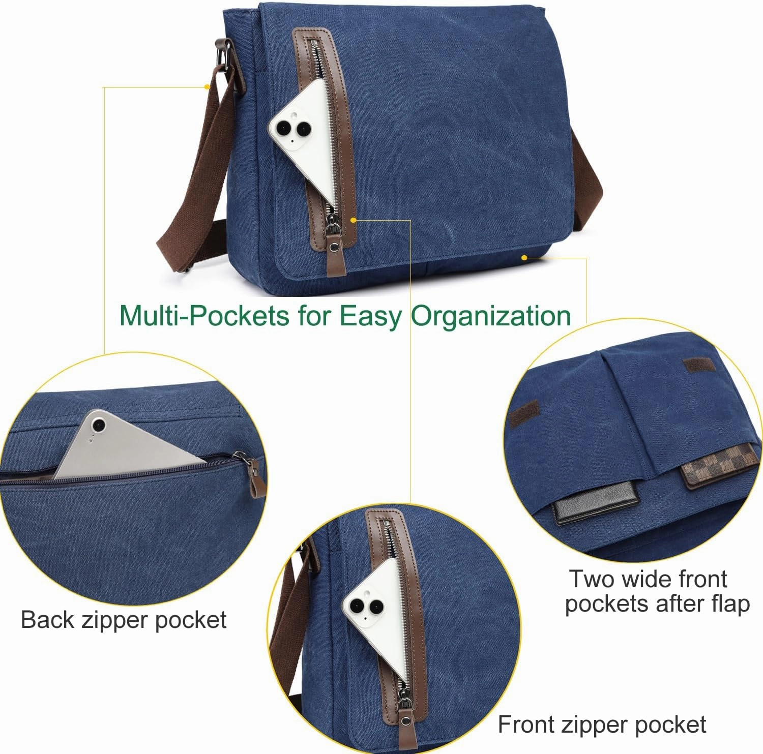 Vintage Canvas Messenger Bag Unisex Shoulder Bag Canvas Satchel Cross Body College Work Satchel Briefcase for 14 Inch Laptop