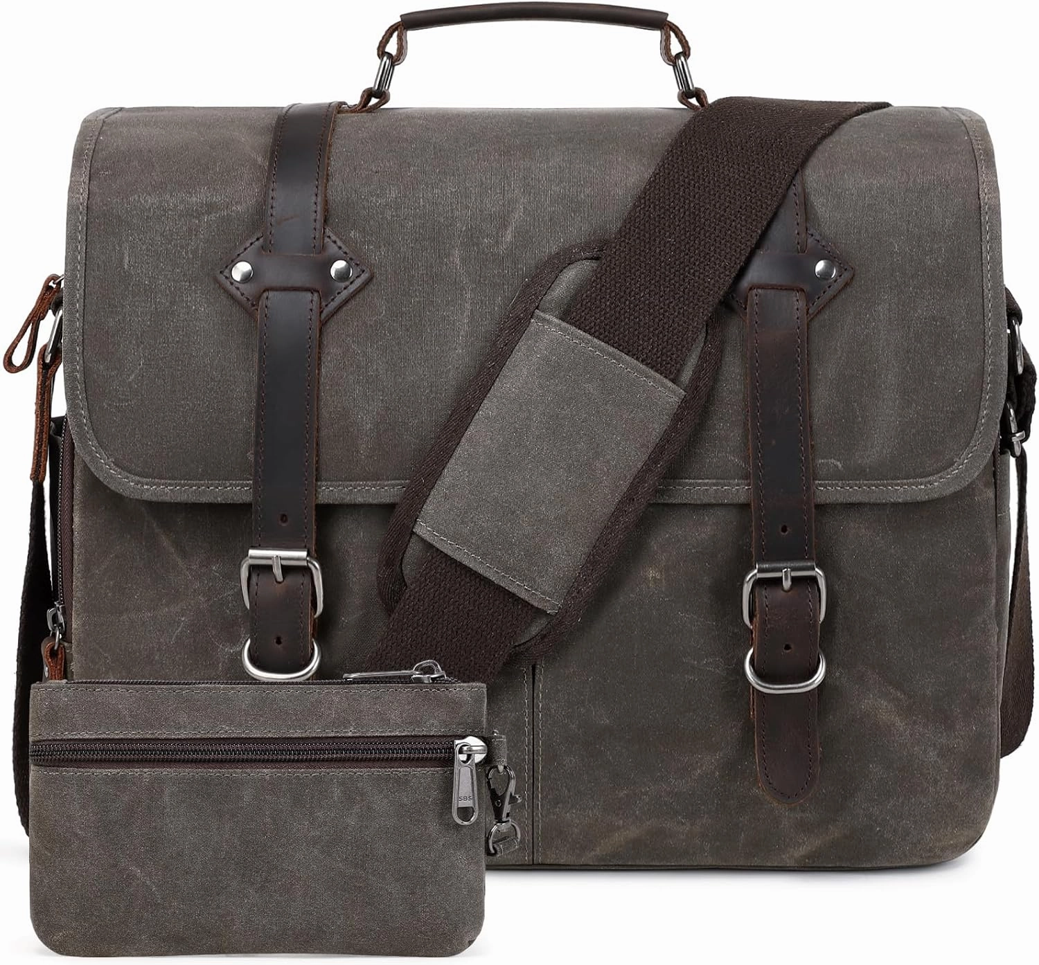 Wogarl 2PCS Mens Messenger Bag 15.6 Inch Genuine Leather Waxed Canvas Computer Laptop Bag Briefcase Satchel Shoulder Bag