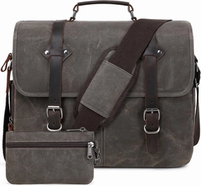 Wogarl 2PCS Mens Messenger Bag 15.6 Inch Genuine Leather Waxed Canvas Computer Laptop Bag Briefcase Satchel Shoulder Bag