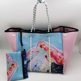 Women's Neoprene Bag In Pink & Blue Geode Print