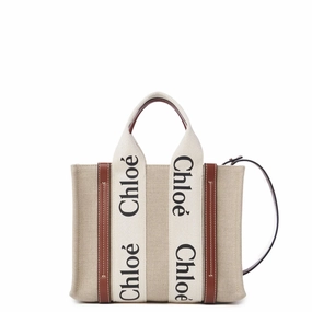Woody Tote Small Strap Linen, White/Brown