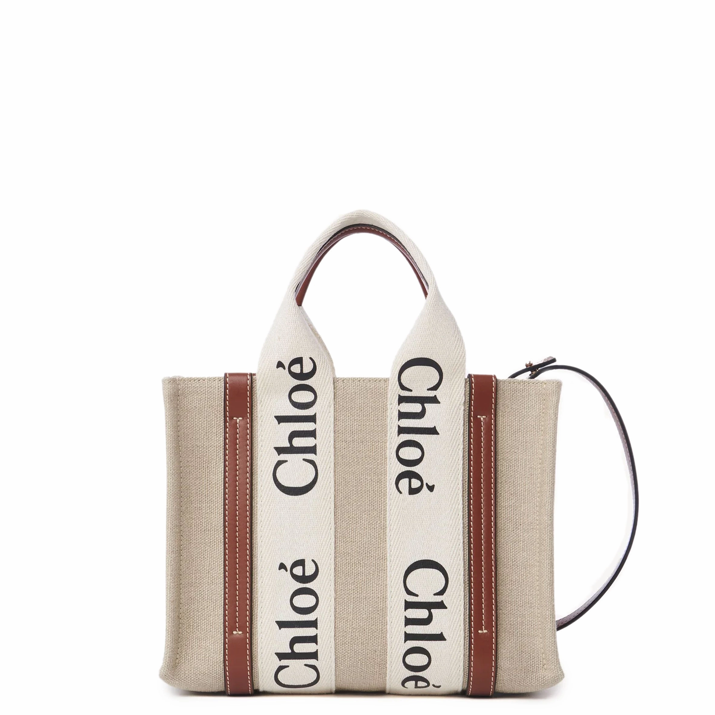 Woody Tote Small Strap Linen, White/Brown