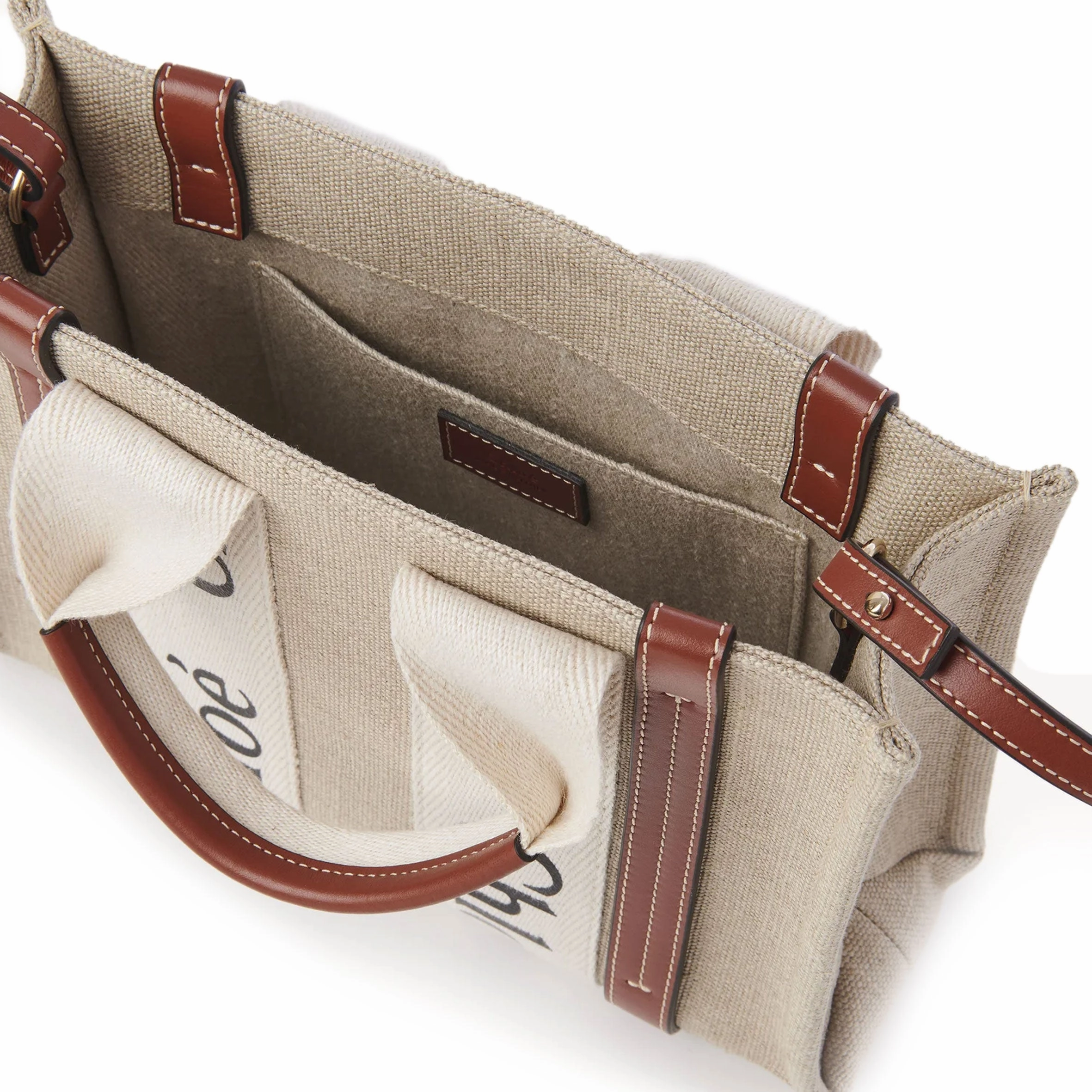 Woody Tote Small Strap Linen, White/Brown