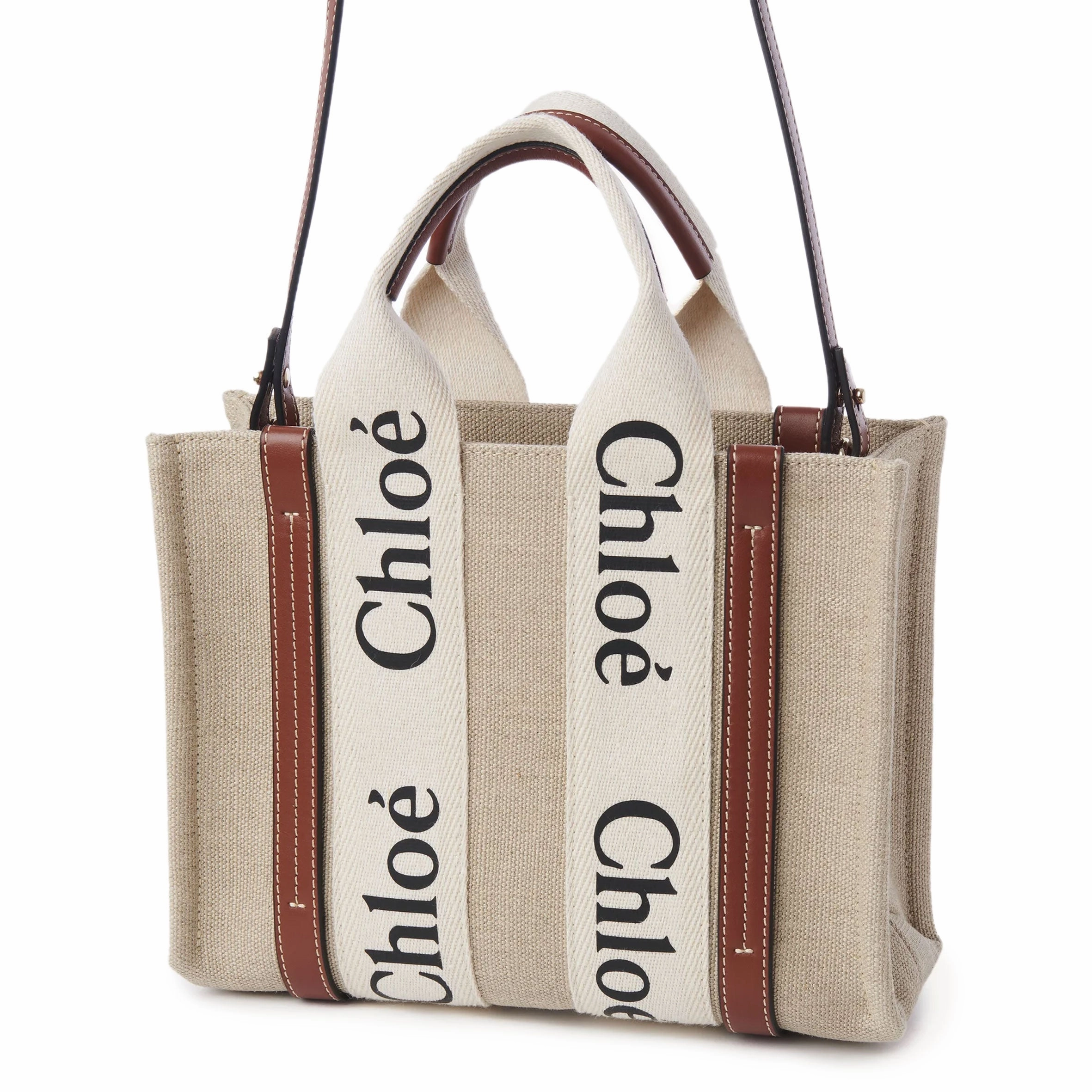Woody Tote Small Strap Linen, White/Brown